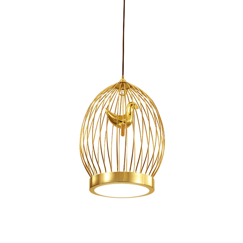 Modern Global Cage 1-Head Gold Finish Hanging Light With Bird Deco Pendant