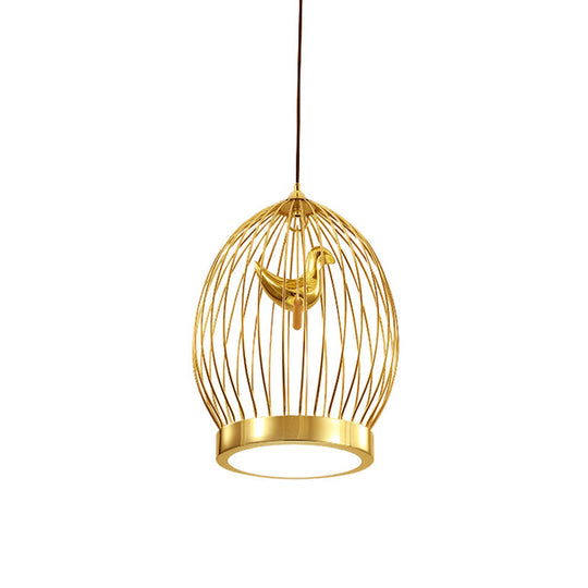 Modern Metallic Hanging Light Fixture With Bird Deco - Gold Finish Pendant Lamp