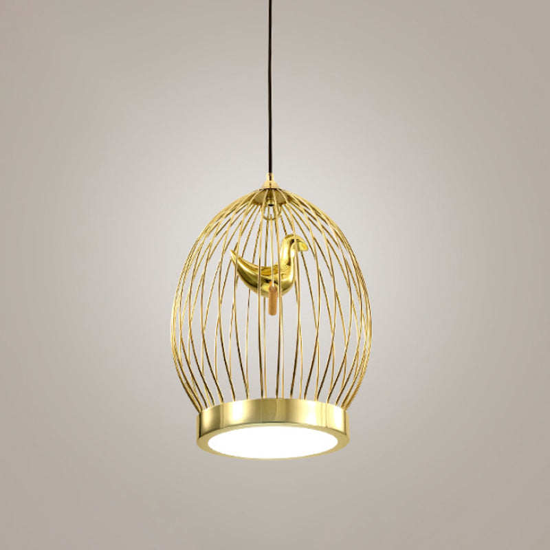 Modern Global Cage 1-Head Gold Finish Hanging Light With Bird Deco Pendant