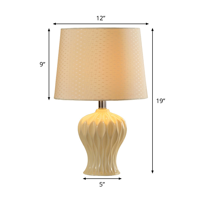 Modern White Fabric Barrel Task Lamp With Ceramic Urn Base - 1 Bulb Table Light