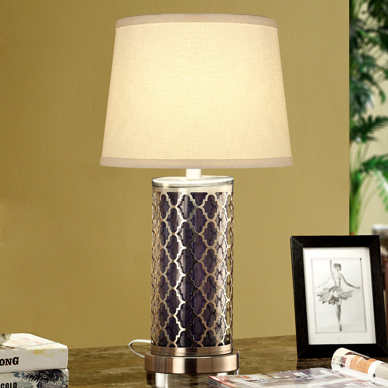 Modern Black Fabric Tapered Drum Nightstand Lamp With 1 Bulb For Reading