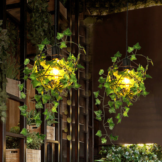 Retro Metal Geometric Pendant Ceiling Light With Black Led 1 Head And Plant Decor - Ideal For