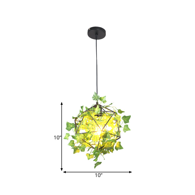Retro Metal Geometric Pendant Ceiling Light With Black Led 1 Head And Plant Decor - Ideal For