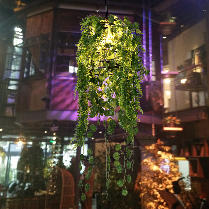 Industrial Black Cage Pendant Light With Led And Plant