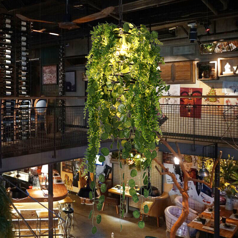 Industrial Black Cage Pendant Light With Led And Plant