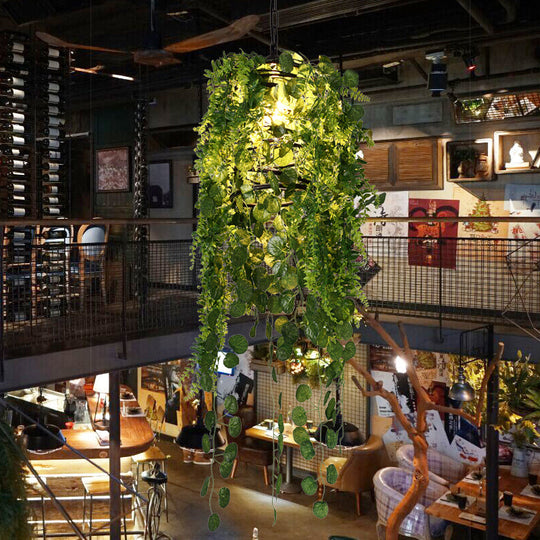 Industrial Black Cage Pendant Light With Led And Plant