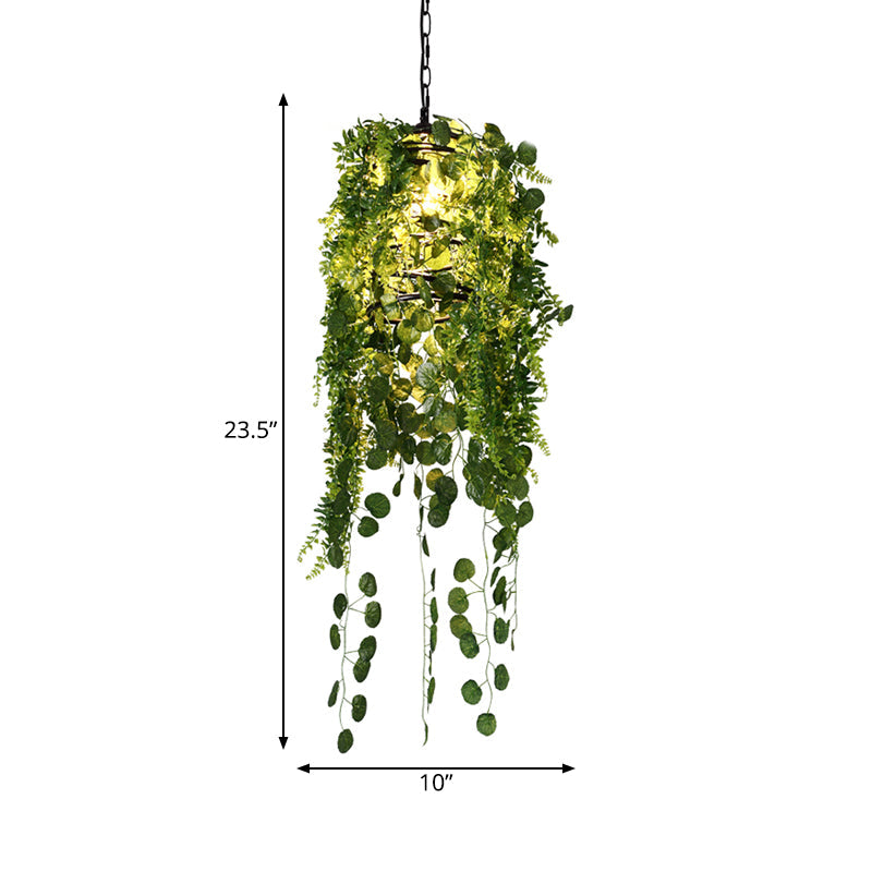 Industrial Black Cage Pendant Light With Led And Plant