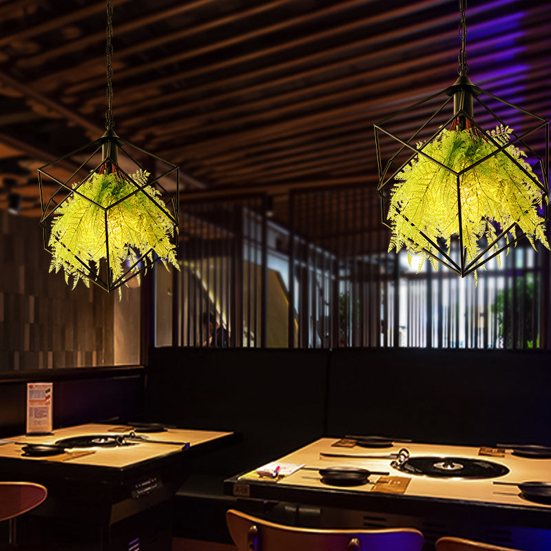 Geometric Plant Hanging Pendant In Black Metal With Led Bulb - 18/21.5 Width Perfect For Restaurants