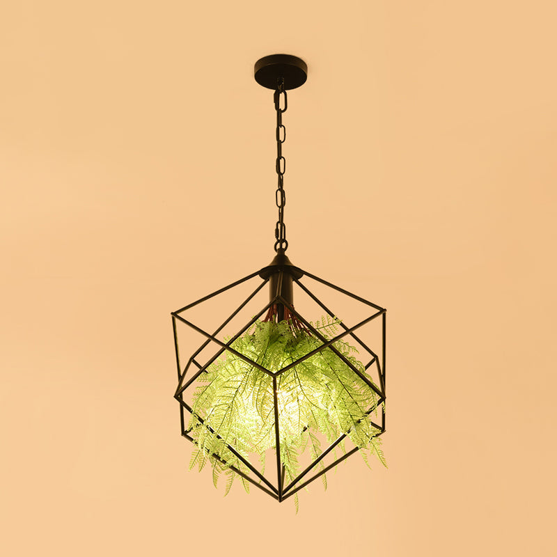 Black Metal Geometric Plant Hanging Pendant With Led Light Ideal For Restaurants - 1 Bulb