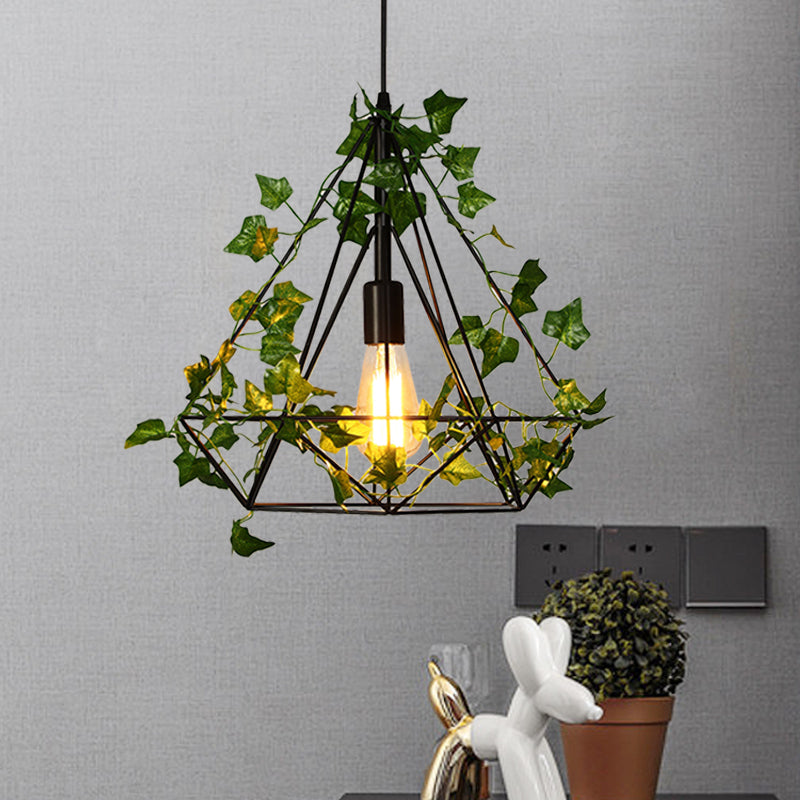 Black Diamond Metal Ceiling Light With Led Down Lighting And Plant - Restaurant Style Pendant