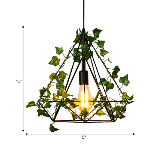 Black Diamond Metal Ceiling Light With Led Down Lighting Pendant And Plant Décor - 10’/15’/18’ W