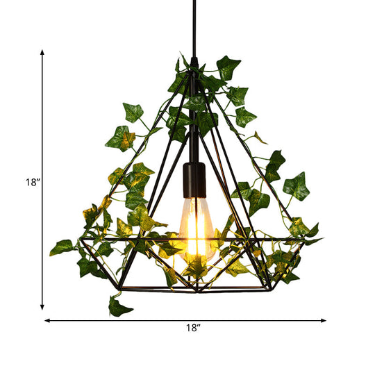 Black Diamond Metal Ceiling Light With Led Down Lighting Pendant And Plant Décor - 10’/15’/18’ W