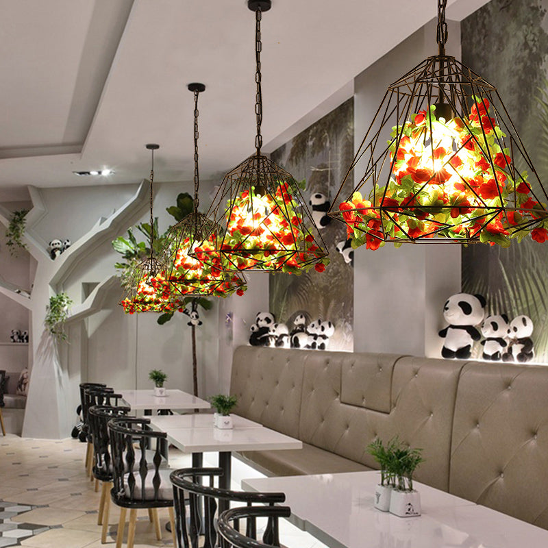 Vintage Geometric Pendant Ceiling Light In Black With Metal Led Flower Suspension