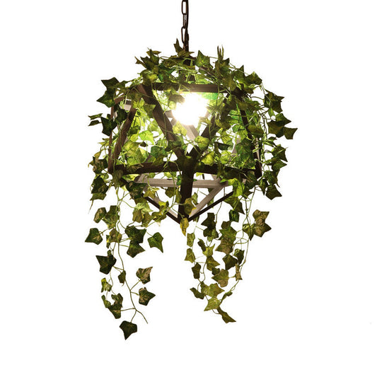 Geometric Metal Led Pendant Light With Plant Decor In Black