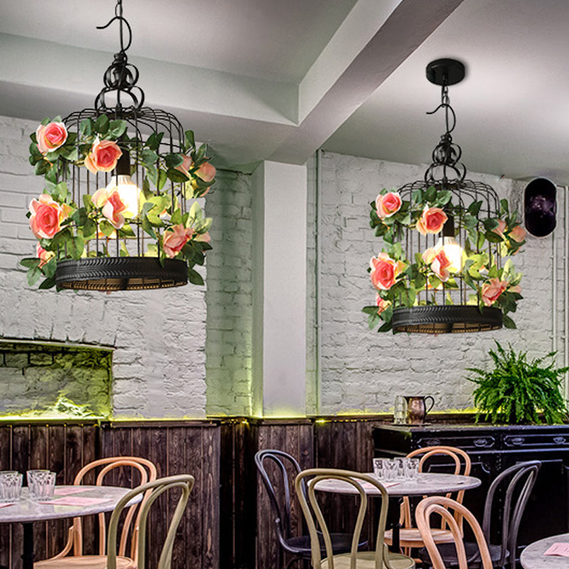 Industrial Metal Birdcage Led Pendant Lamp - Black With Flower Decoration