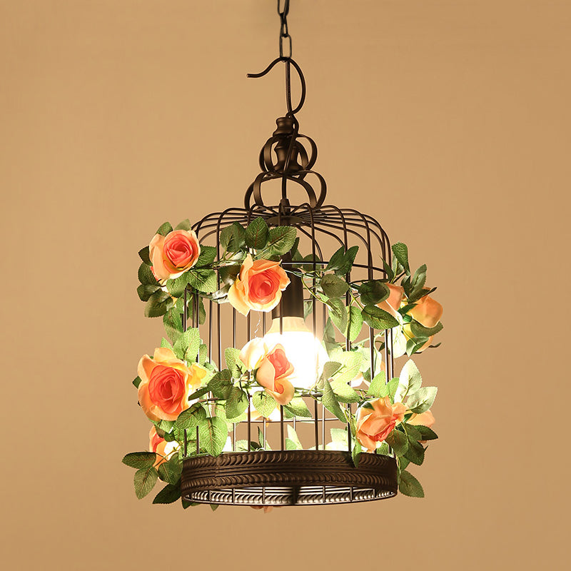 Industrial Metal Birdcage Led Pendant Lamp – Black One Bulb With Flower Decoration