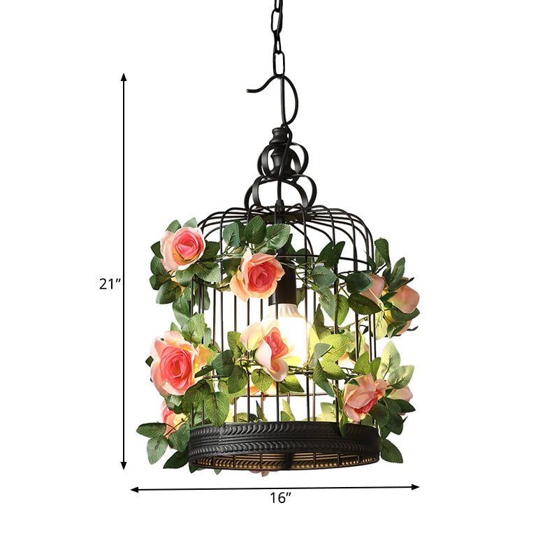 Industrial Metal Birdcage Led Pendant Lamp - Black With Flower Decoration