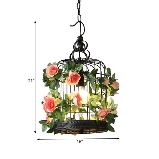 Industrial Metal Birdcage Led Pendant Lamp - Black With Flower Decoration