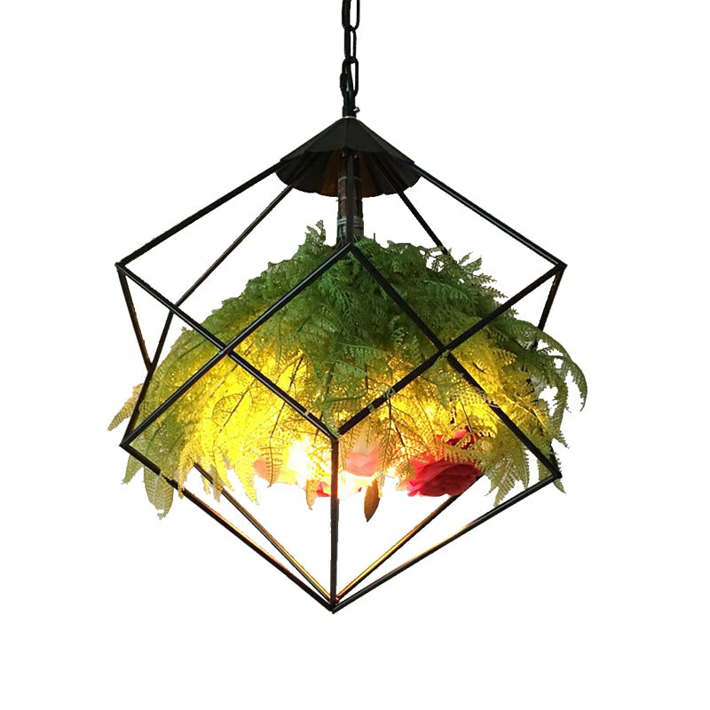 Metal Pendant Lamp Antique Black Geometric Design With Plant Decoration - 18’/21.5’ Wide Led