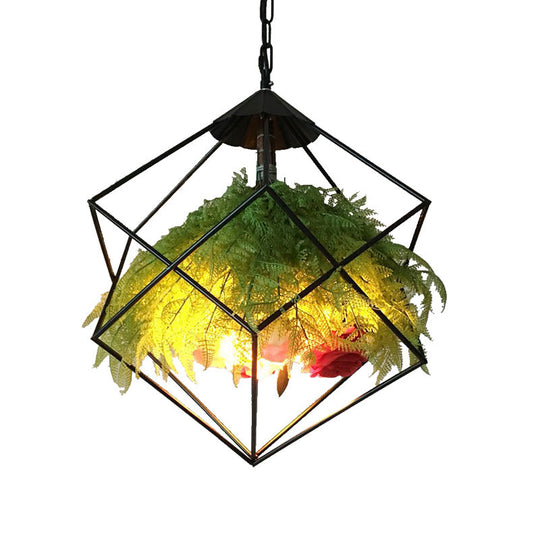 Metal Pendant Lamp Antique Black Geometric Design With Plant Decoration - 18’/21.5’ Wide Led