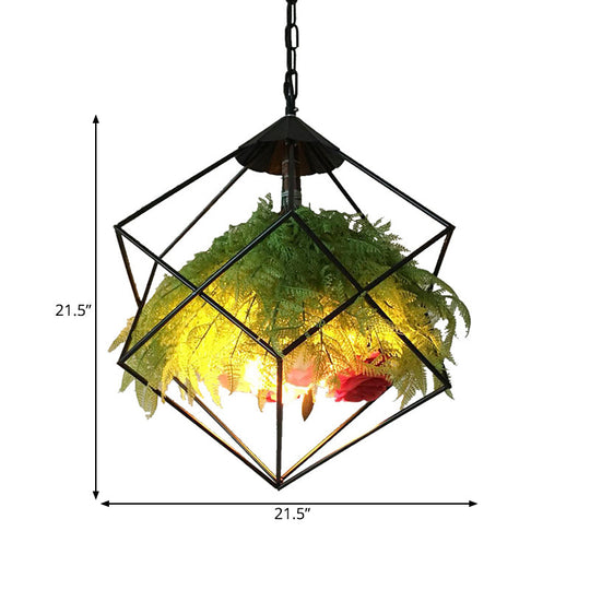 Metal Pendant Lamp Antique Black Geometric Design With Plant Decoration - 18’/21.5’ Wide Led