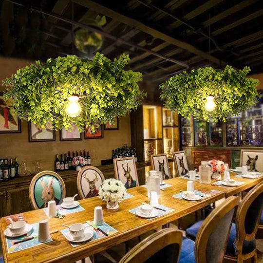 Retro Metal Ceiling Light With Exposed Bulb And Plant Decor - Black Finish