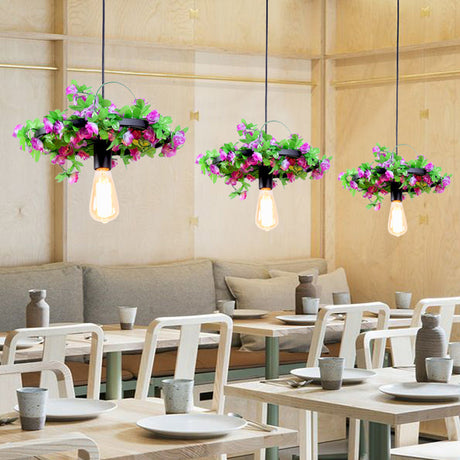Vintage Black Metal Led Pendant Light Fixture For Restaurant - 1-Head Bare Bulb Flower Hanging Lamp