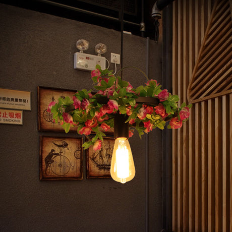 Vintage Black Metal Led Pendant Light Fixture For Restaurant - 1-Head Bare Bulb Flower Hanging Lamp