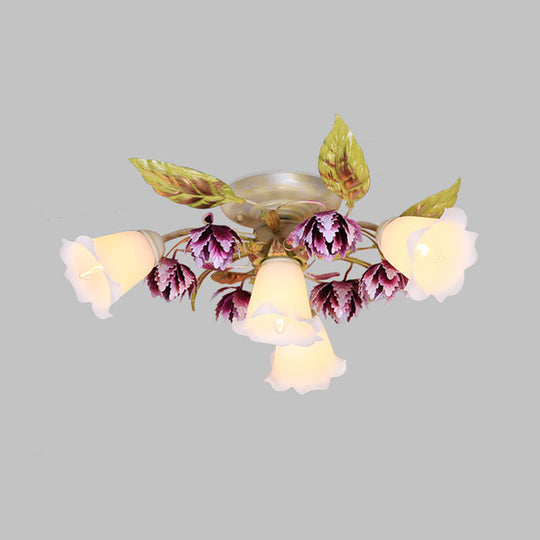 Pastoral White Metal Flower Semi Flush Mount Ceiling Light With Flared 1/4 Bulbs For Dining Room
