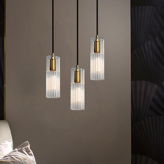 White Prismatic Glass Pendant Ceiling Lamp With Brass Finish - Simple Tube Design For Bedroom