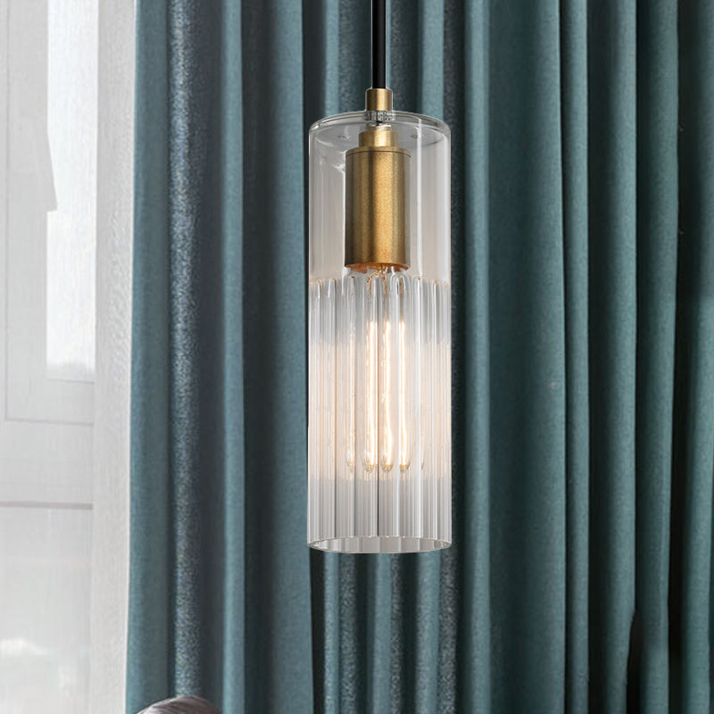 White Prismatic Glass Pendant Ceiling Lamp With Brass Finish - Simple Tube Design For Bedroom