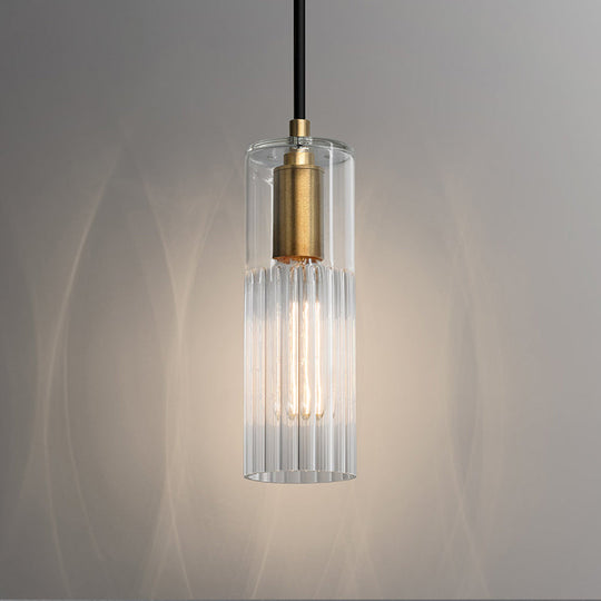 White Prismatic Glass Pendant Ceiling Lamp With Brass Finish - Simple Tube Design For Bedroom