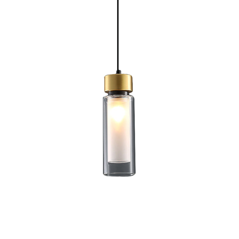 Sleek 1-Light Hanging Lamp With Clear And White Glass Shade - Brass Cylindrical Pendant