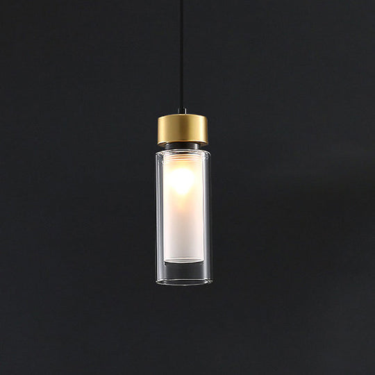 Sleek 1-Light Hanging Lamp With Clear And White Glass Shade - Brass Cylindrical Pendant