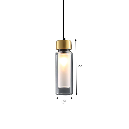 Sleek 1-Light Hanging Lamp With Clear And White Glass Shade - Brass Cylindrical Pendant