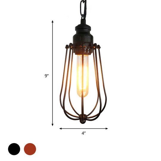 Vintage Black/Rust Pendant Ceiling Lamp With Caged Metal Shade - 1 Light Bedroom Fixture