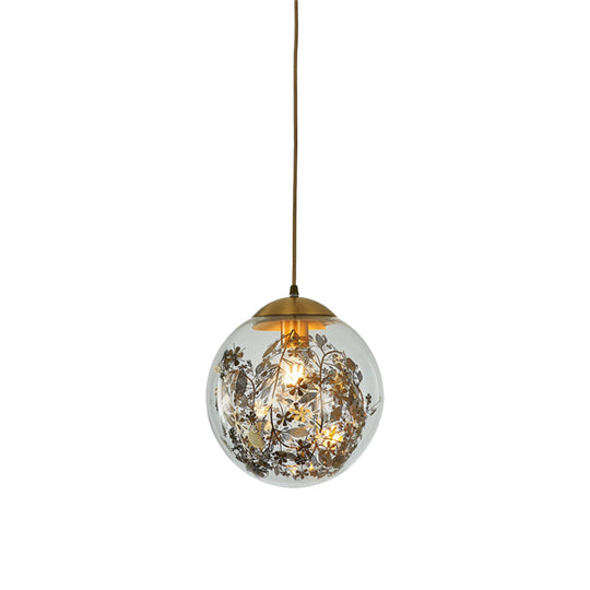 Modern Yellow Ball Pendant Lamp - 1-Head Clear Glass Ceiling Light With Inner Shattered Leaves