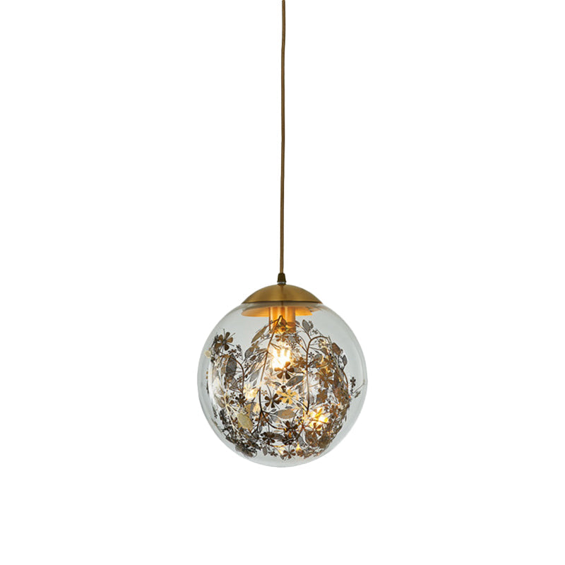Modern Clear Glass Yellow Ball Pendant Lamp With Shattered Leaves Decoration - 1-Head Ceiling Light