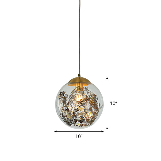Modern Clear Glass Yellow Ball Pendant Lamp With Shattered Leaves Decoration - 1-Head Ceiling Light