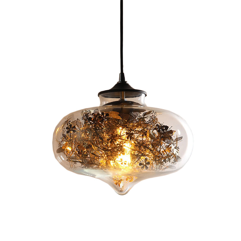 Modern Black Glass Oval Hanging Ceiling Lamp With Shattered Leaf Deco