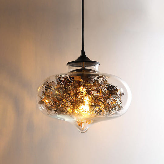 Modern Black Glass Oval Hanging Ceiling Lamp With Shattered Leaf Deco