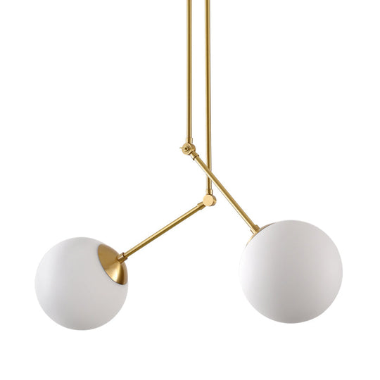 White Glass 2-Head Multi-Light Pendant With Adjustable Brass Node For Living Room Ceiling