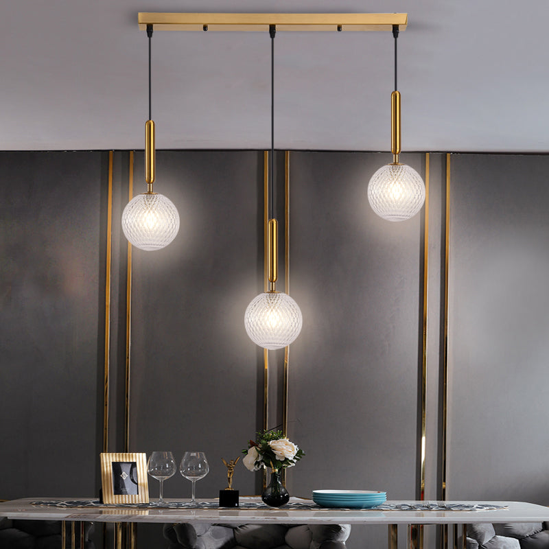 Modo Clear Lattice Glass Pendant Lamp In Brass - Modern 3-Head Dining Room Cluster Light 6/8 Wide
