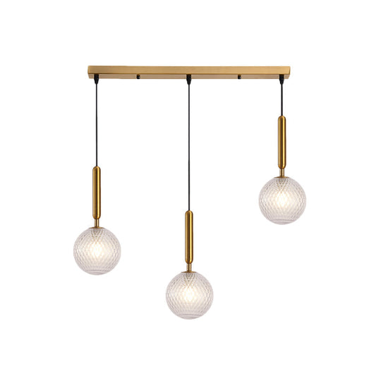 Modern Modo 3-Head Pendant Lamp With Clear Lattice Glass - Dining Room Cluster Light In Brass