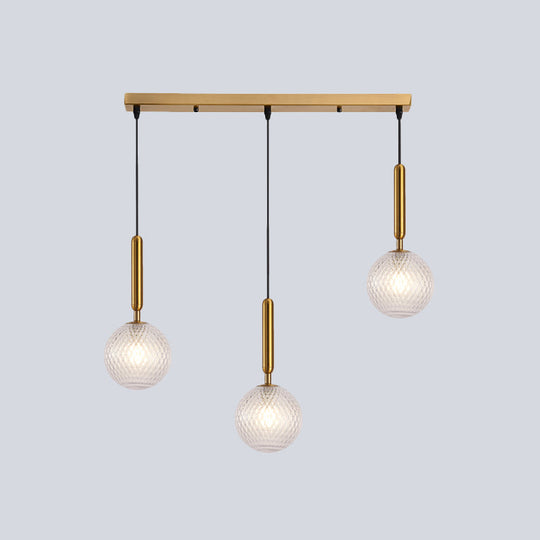 Modern Modo 3-Head Pendant Lamp With Clear Lattice Glass - Dining Room Cluster Light In Brass