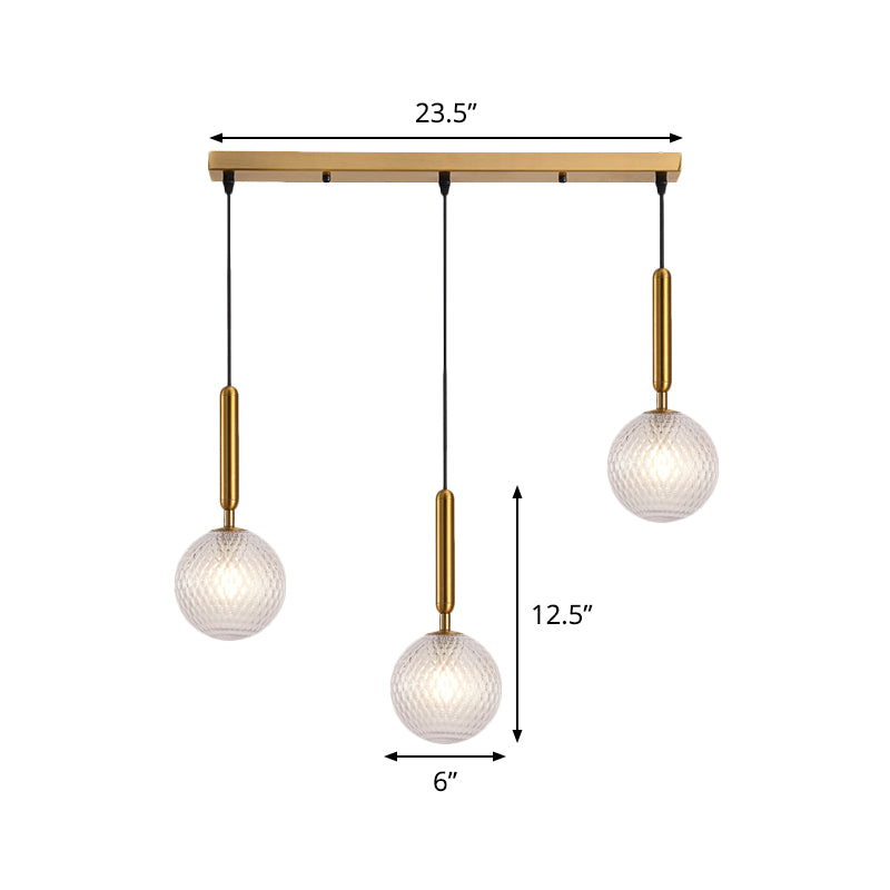 Modern Modo 3-Head Pendant Lamp With Clear Lattice Glass - Dining Room Cluster Light In Brass
