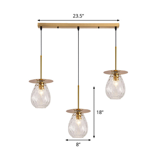 Modern Modo 3-Head Pendant Lamp With Clear Lattice Glass - Dining Room Cluster Light In Brass