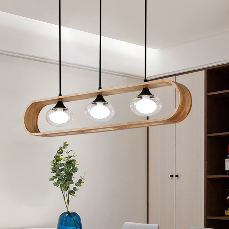 Modern Beige Wood Pendant Lamp With Clear Oval Glass Shades - Triple Head Hanging Lighting