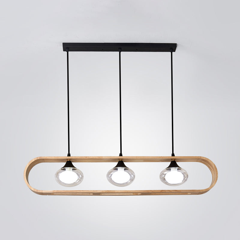 Modern Beige Wood Pendant Lamp With Clear Oval Glass Shades - Triple Head Hanging Lighting