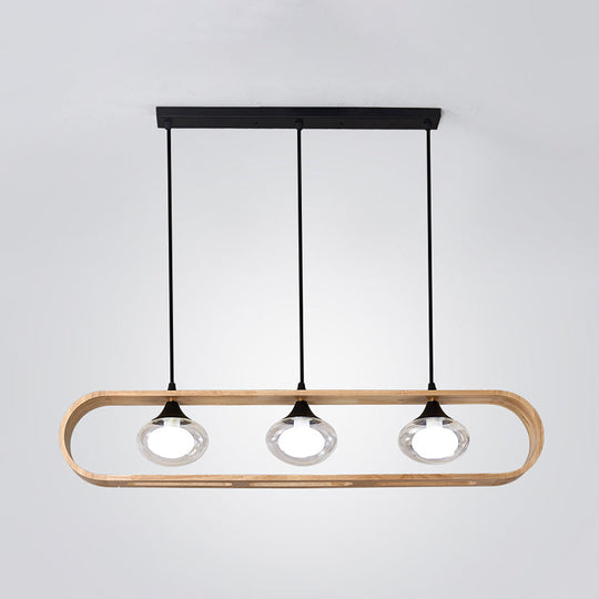 Modern Beige Wood Pendant Lamp With Clear Oval Glass Shades - Triple Head Hanging Lighting